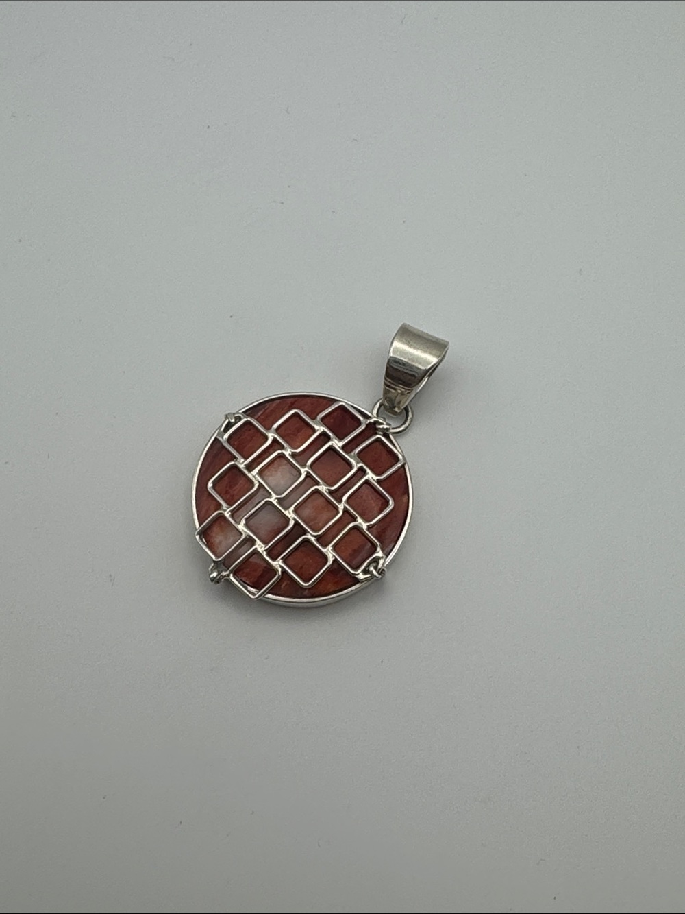 Sterling Silver Red Coral Round Lattice Pendant